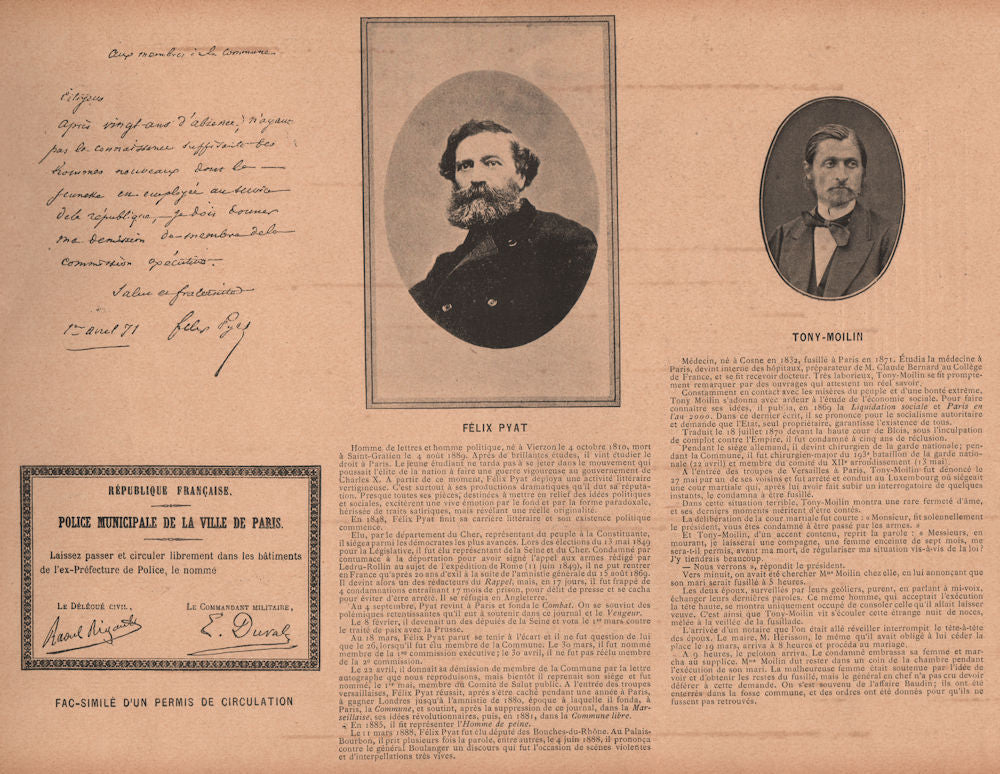 PARIS COMMUNE 1871. Permis de circulation; Félix Pyat; Tony-Moilin c1873 print